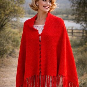 Vintage Red Fringed Shawl Sweater